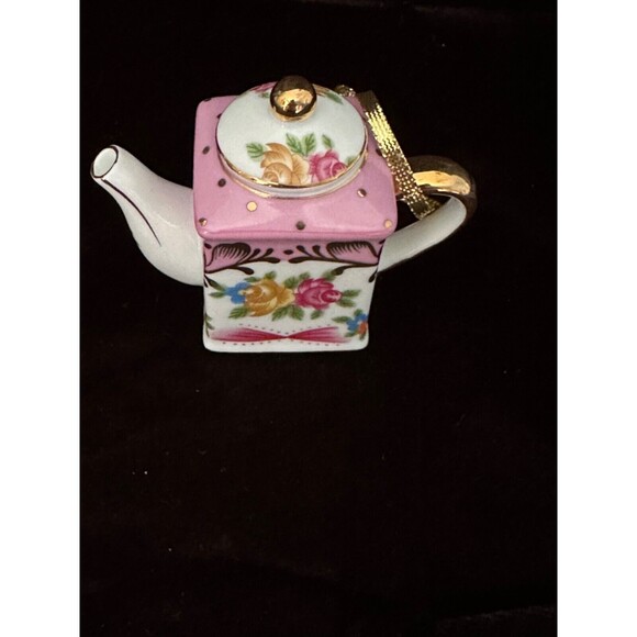 Victoria’s Garden porcelain mini teapot handpainted ornament, gold accents 3” T - Picture 4 of 6